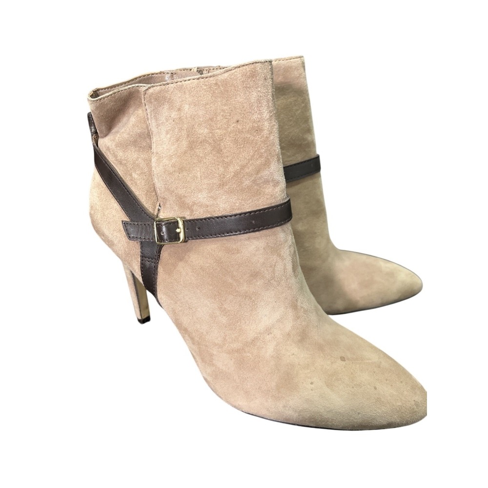 Ann Taylor Suede Ankle Boots Sz 9M Tan Brown Buckle Strap Stiletto Pointed‎ Toe